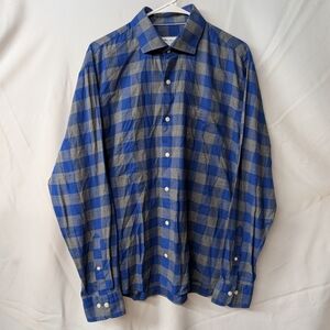 Peter Millar Blue and Gray Plaid Men's Long Sleeve Button Down Shirt